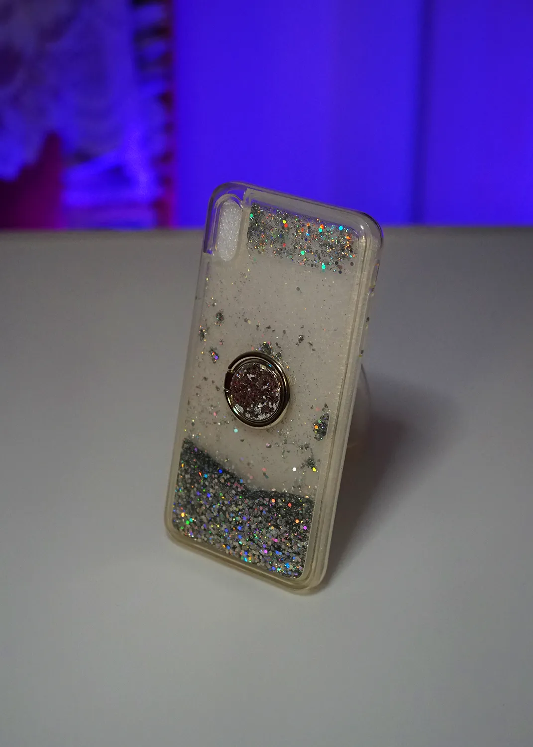 Apple iPhone Xs Max Kılıf Sıvılı Simli Pullu Yüzüklü Lüx Standlı