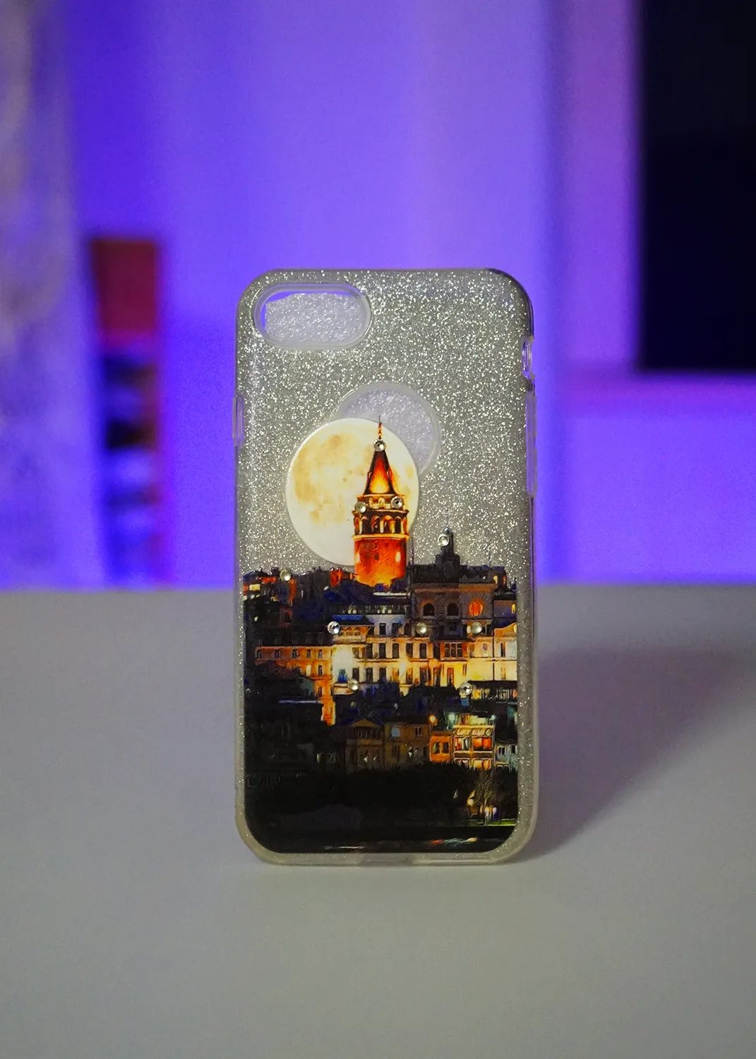 Apple iPhone 8 Desenli Galata Kuleli, Beyaz Simli Parlayan Silikon Kılıf