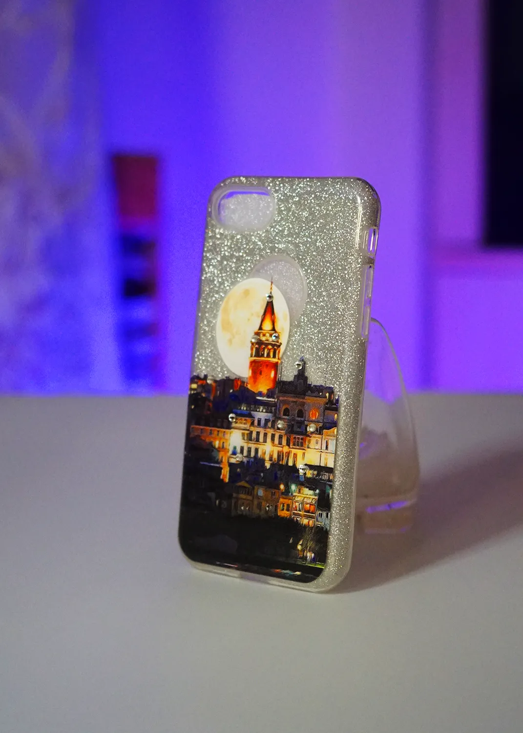 Apple iPhone 8 Desenli Galata Kuleli, Beyaz Simli Parlayan Silikon Kılıf