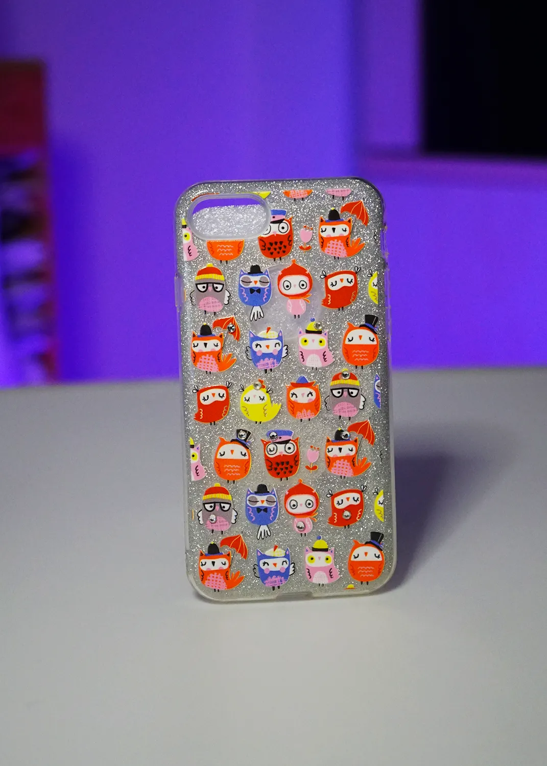 Apple iPhone 8 Simli Şeffaf Baykuş Stickerlı Kılıf