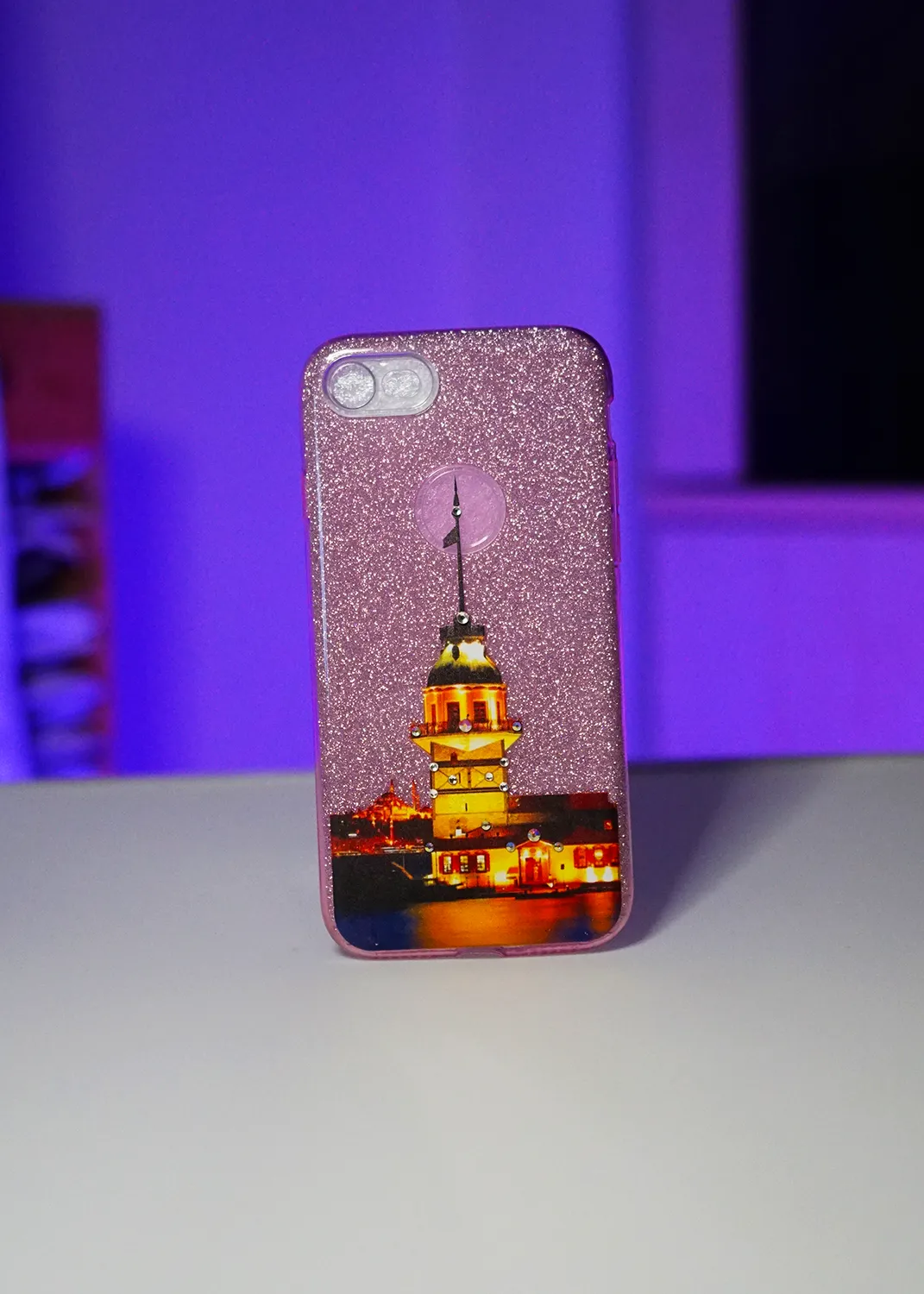 Apple iPhone 8 Desenli Kız Kuleli, Pembe Simli Parlayan Silikon Kılıf