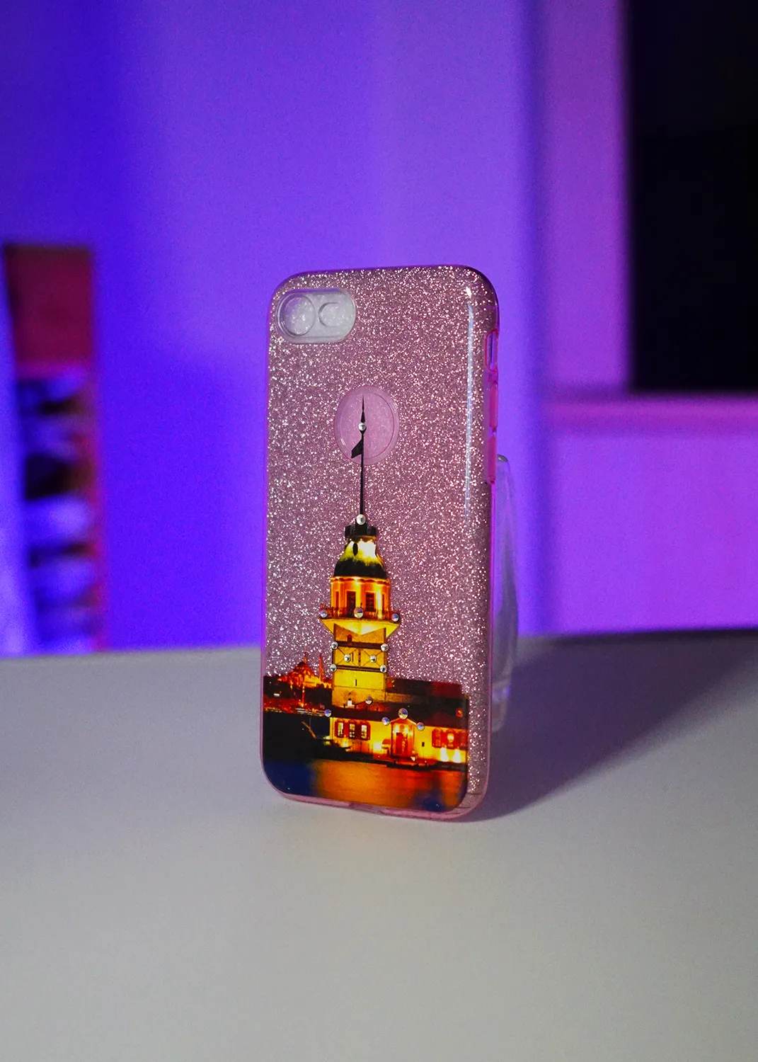 Apple iPhone 8 Desenli Kız Kuleli, Pembe Simli Parlayan Silikon Kılıf