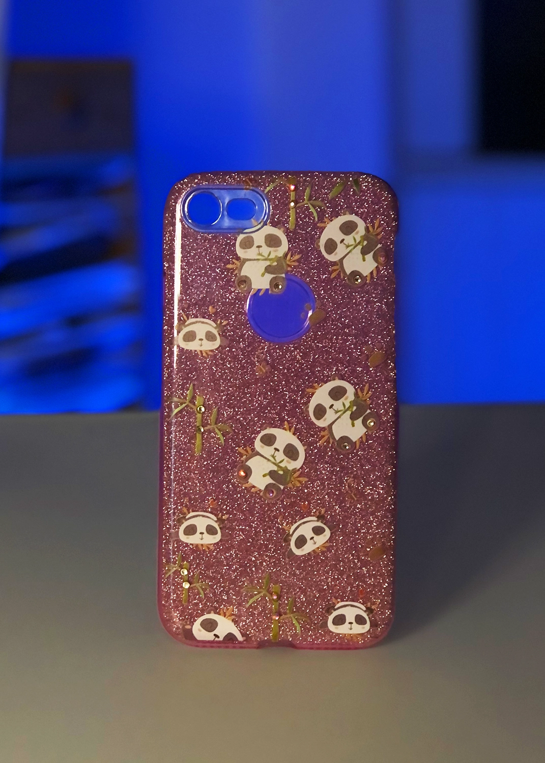 Apple iPhone 7 / 8 / SE 2020 / SE 2022 Pembe Simli Panda Figürlü Telefon Kılıfı