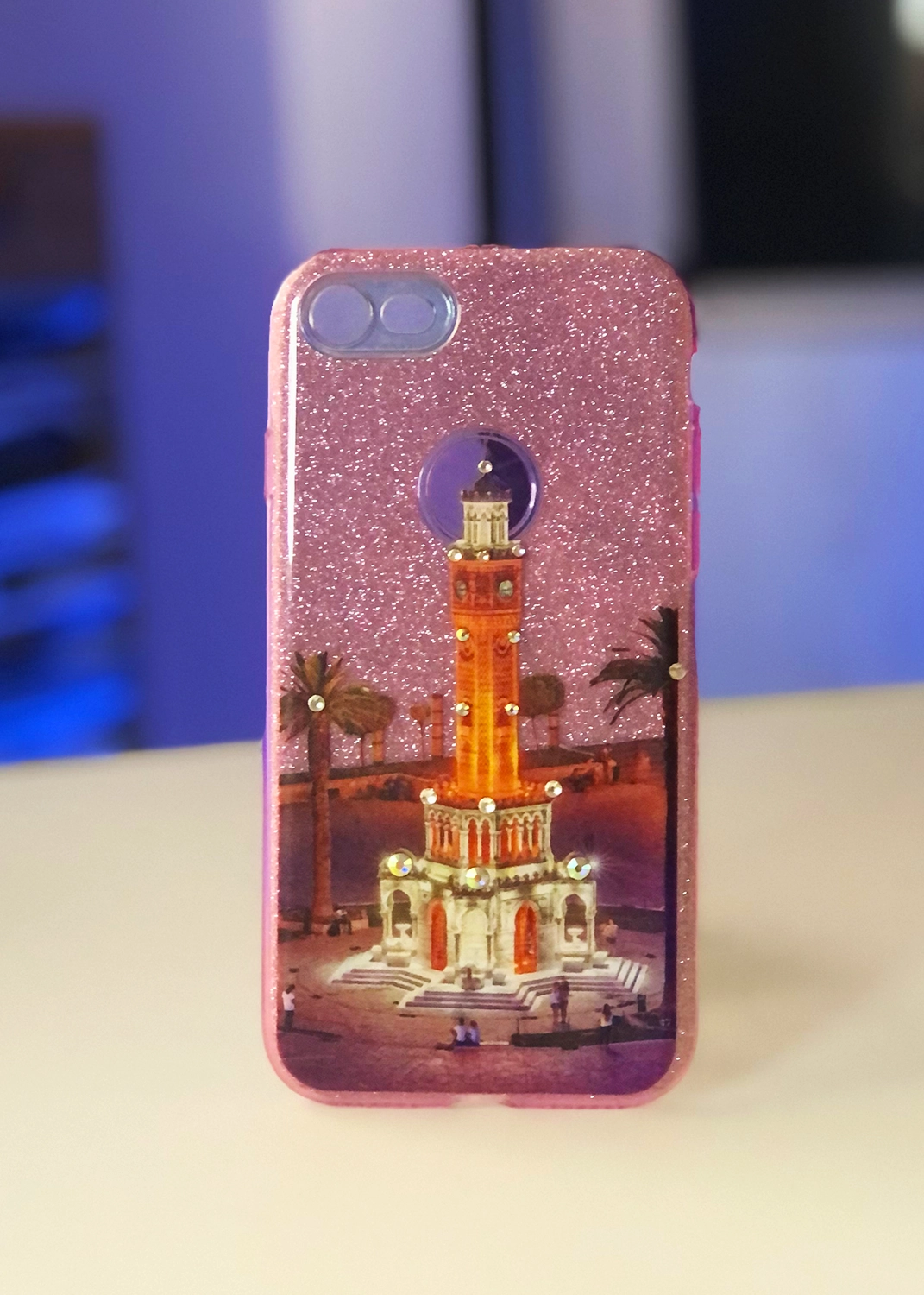 Apple iPhone 7 / 8 / SE (2020) Uyumlu Pembe Glitter Saat Kulesi Kılıfı