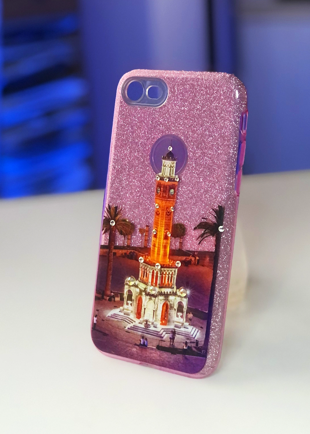 Apple iPhone 7 / 8 / SE (2020) Uyumlu Pembe Glitter Saat Kulesi Kılıfı