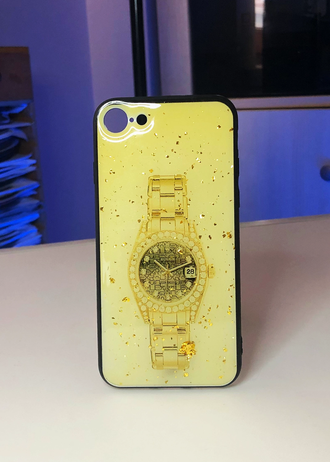 Apple iPhone 7 / 8 Uyumlu Sarı Glitter Saat Desenli Sert Kılıf