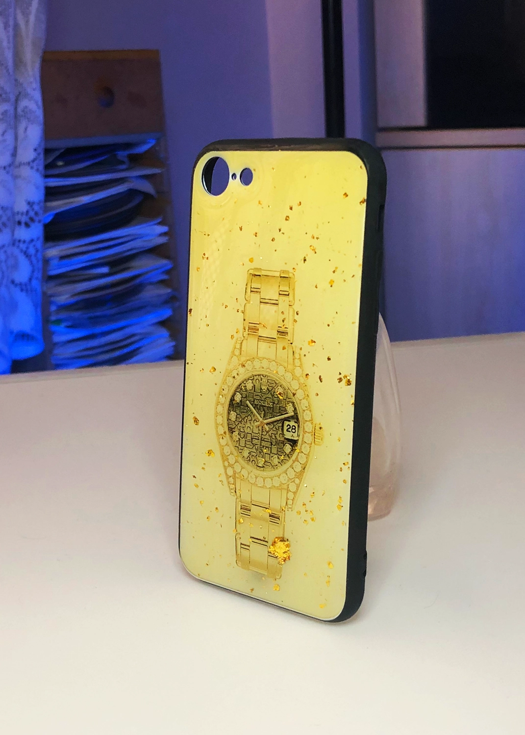 Apple iPhone 7 / 8 Uyumlu Sarı Glitter Saat Desenli Sert Kılıf