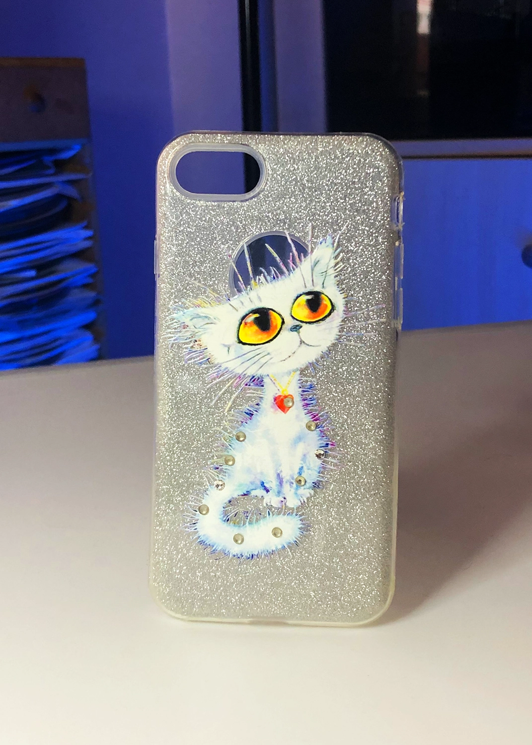 Apple iPhone 7 / 8 / SE (2020) Uyumlu Gümüş Glitter Sevimli Kedi Temalı Kılıf