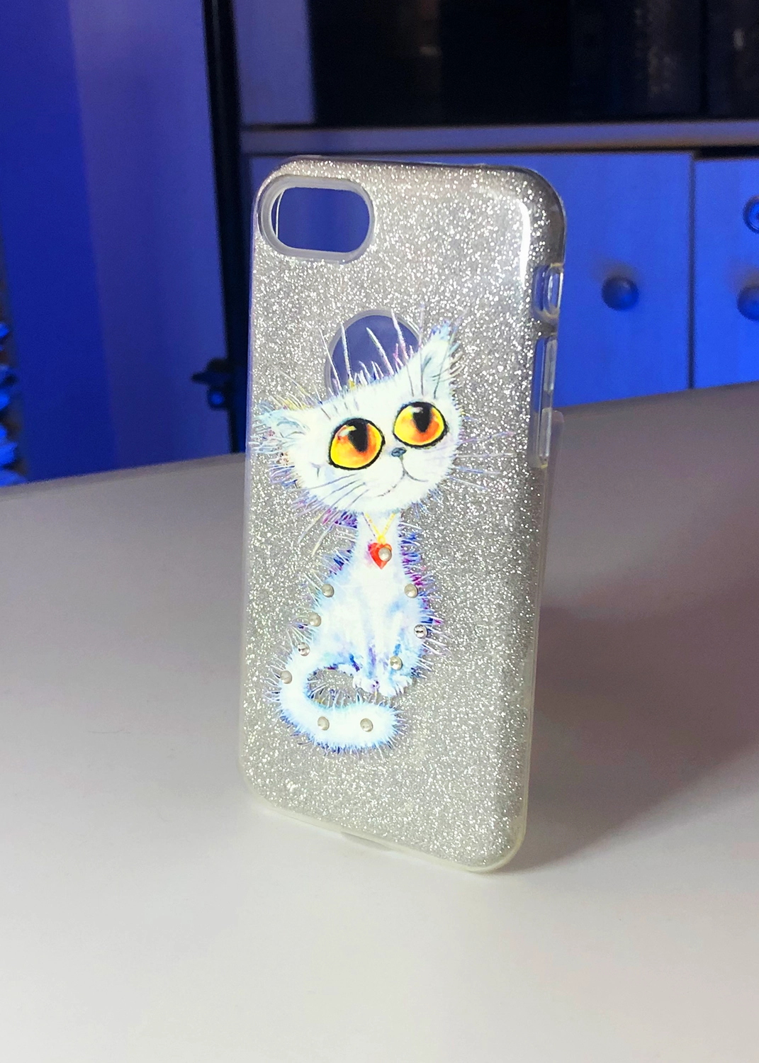 Apple iPhone 7 / 8 / SE (2020) Uyumlu Gümüş Glitter Sevimli Kedi Temalı Kılıf